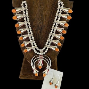 Orange spiny oyster squash blossom necklace and earrings set silver pendant necklace squash blossom orange jewelry set for her jewelry gifts