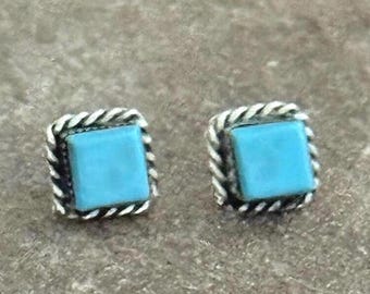 Turquoise sterling silver square studs earrings everyday handmade jewelry gifts for women