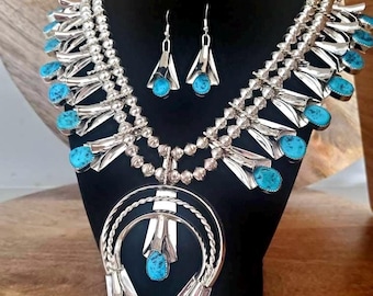Turquoise Squash blossom necklace, natural authentic native Americans jewelry, silver set gift for her turquoise jewelry 925 sterling silver