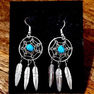 Dream catchers turquoise earrings Sterling silver earrings Gifts for her Boho spiritual jewelry good luck jewelry native americans earrings