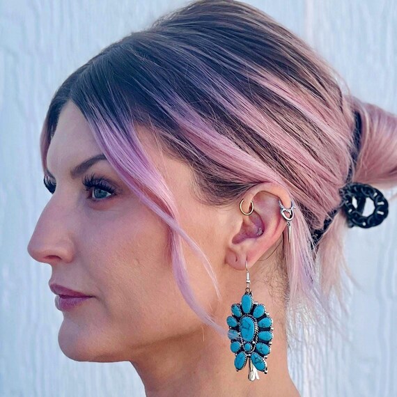 Large turquoise statement earrings silver cluster… - image 2