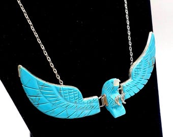 Hand carved Eagle pendant necklace turquoise bird jewelry silver eagle gifts for men handmade necklace hand carved bird wings jewelry