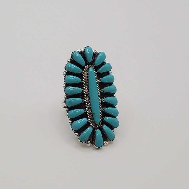 Long Turquoise cluster ring Zuni jewelry squash blossom ring gift for women big ring gemstone jewelry December birthstone ring blue jewelry image 2