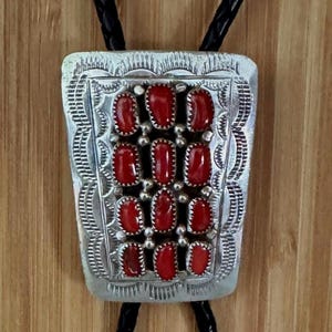 Natural coral bolo tie, sterling silver jewelry, western tie gift for boyfriend, gift for husband, accessories for him, hallmarked tie