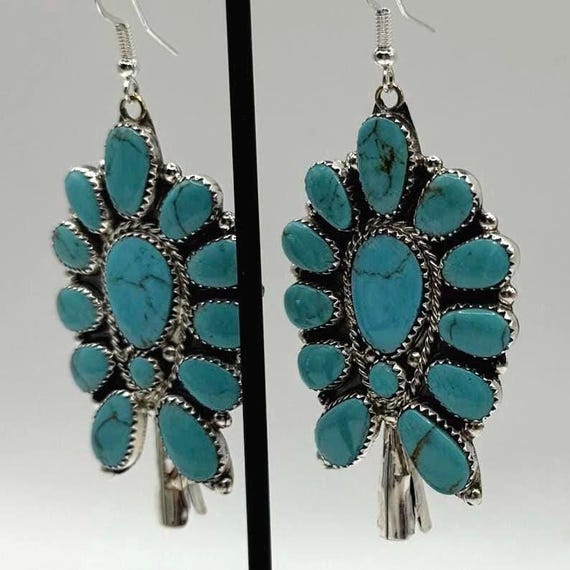 Large turquoise statement earrings silver cluster… - image 5