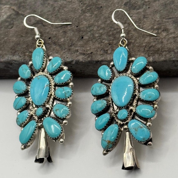 Large turquoise statement earrings silver cluster… - image 1