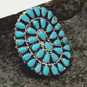 Large Navajo Turquoise Cluster Ring, Sterling Silver, Signed Native Artist