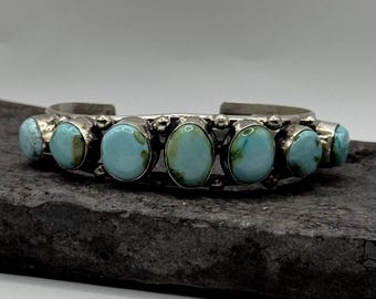 Sonoran Gold turquoise multi stone cuff bracelet, blue green turquoise row bracelet, 925 sterling silver multi-stone handmade jewelry