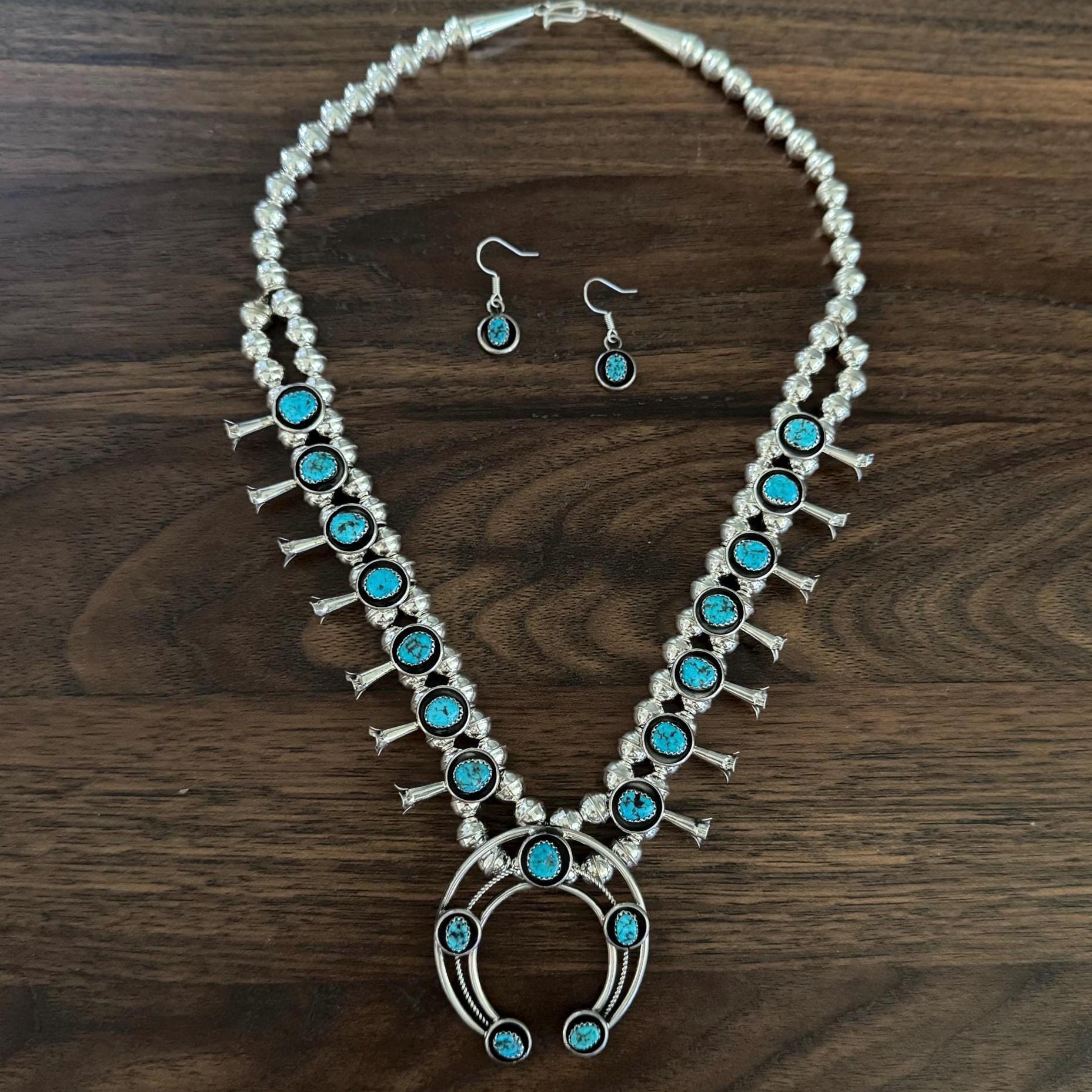 Emulily Chunky Western Squash Blossom Necklace & Earrings Set - Turquoise Navajo Pearl, Silver-Tone, 30"+3" Ext