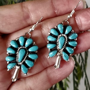 Turquoise cluster earrings squash blossom jewelry gift for cowgirl earrings statement silver dangle earrings wedding gift for her friend