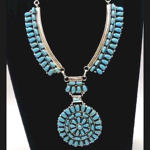 Turquoise statement necklace for women, bridal jewelry necklace for her, silver turquoise necklace, squash blossom necklace sterling silver