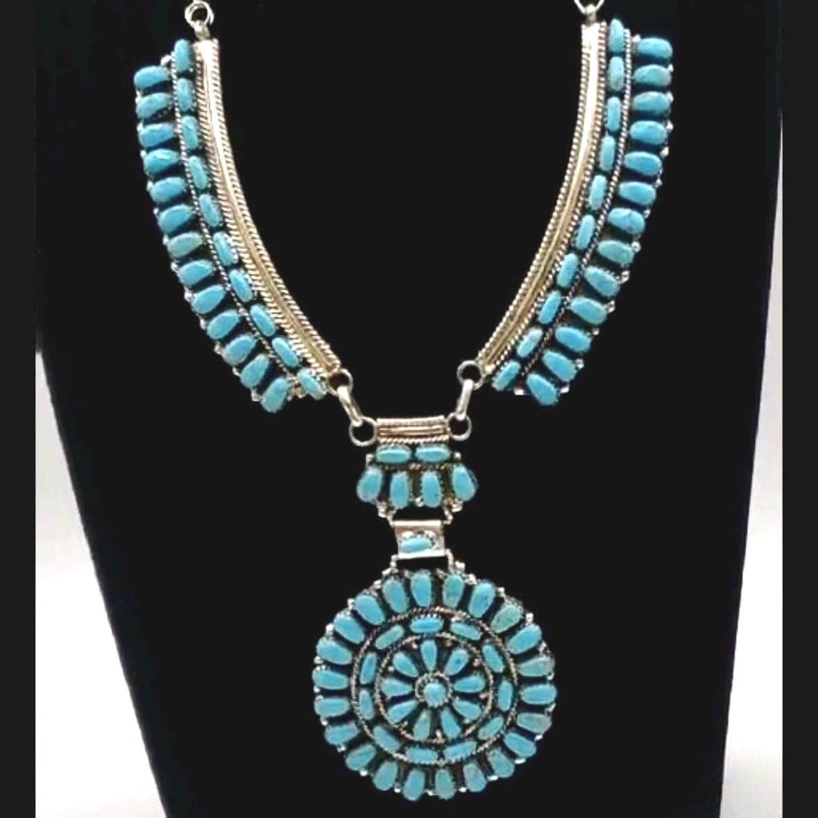 Turquoise statement necklace for women, bridal jewelry necklace for her, silver turquoise necklace, squash blossom necklace sterling silver