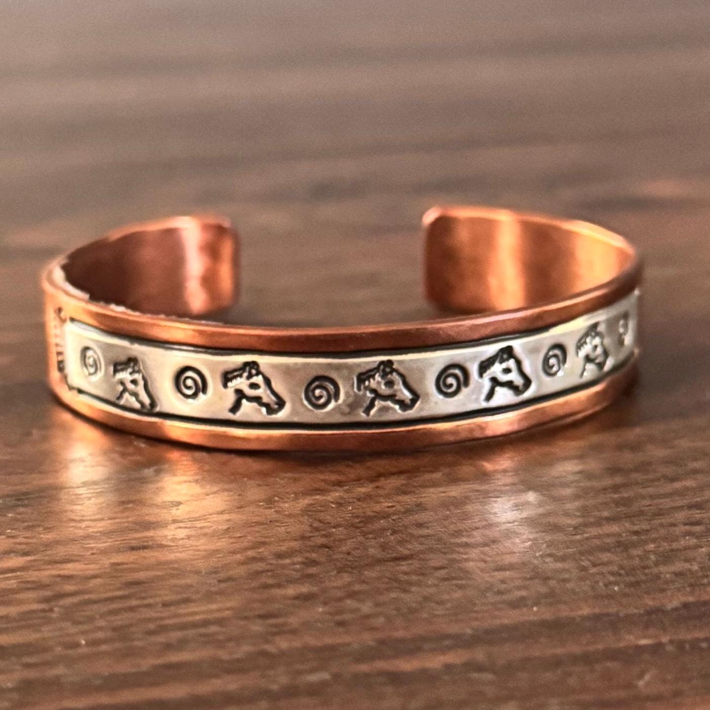Copper silver bracelet horse lover jewelry, stamped cuff, tribal Native American design