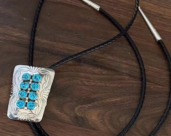 Genuine Kingman Turquoise Bolo Tie, 8 Stone Sterling Silver Western Jewelry