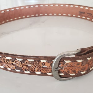 Buckstitch Trim Tooled Leather Belt & Buckle #5005 L