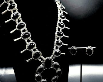 Black onyx squash blossom necklace and earrings jewelry set handmade statement jewelry black necklace set gift for her birthday gift jewelry