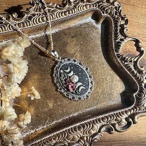 Flower Moon Phase Pendant Necklace | Handmade Polymer Clay | 2 sizes | Silver Chain