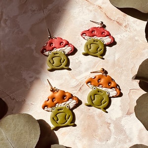 Handmade Polymer Clay Earrings | Mushroom Frogs | Boho Statement Earrings | Nickel Free