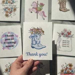 Wilde bloemen in cowgirl-laarzen set van 4 bedankkaarten, bedankkaart met chinoiserieprint, discobalkaarten, bedankkaarten met enveloppen