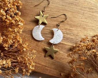 Handmade Polymer Clay Earrings | Moon and Star | Opal Earrings | Two Sizes | Nickel Free