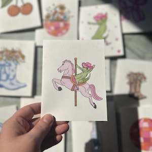 Paquete de 4 tarjetas de papelería Pink Pony, Chappell, para llevar, supernova de vino tinto, chica pony rosa, tarjetas de agradecimiento con sobres