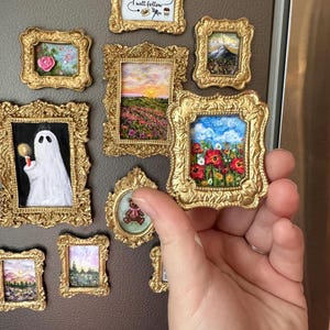 Mini Gold Framed Poppy Field Painting Magnet | Gallery Wall Art Mini | Handmade magnets | Ornate Framed Decor | Miniature Oil Painting