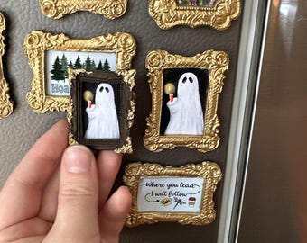 Handmade Gold Framed Ghost with Candle Painting Magnet | Gallery Wall Art Mini | Refrigerator magnets | Spooky Ghost Painting