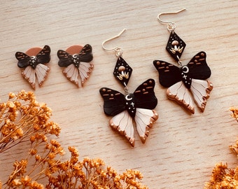 Butterfly Earrings | Black, Beige and Tan | Handmade Polymer Clay Earrings | Nickel Free Hypoallergenic