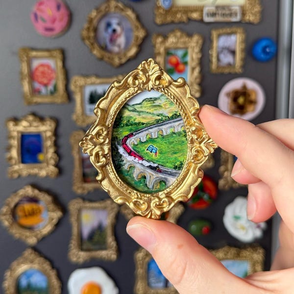 Magic School Train Painting Magnet: Handmade Vintage Style Gallery Art