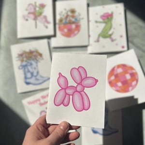 Conjunto de cartões de cachorro-balão rosa com envelopes, cartão de agradecimento com impressão artística, cartões com laço rosa, cartões de agradecimento, arte feita à mão