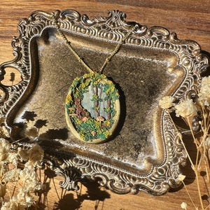 The Gold Framed Mushroom Forrest Portal Necklace | Handmade Polymer Clay Pendant Necklace | Gold