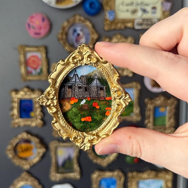 Miniature Framed Hagrits Hut Painting Magnet: Vintage Style Gallery Wall Art, Magic Wizard School