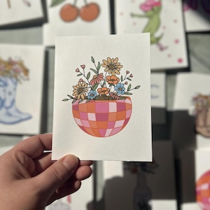 Discobal plantenbak blanco bedankkaartenset met enveloppen, bedankkaart met kunstprint, discobalkaarten met roze strik, bedankkaarten