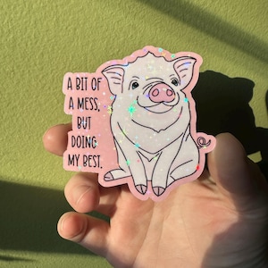 May include: A pink sticker with a cartoon pig and the text "A bit of a mess, but doing my best."