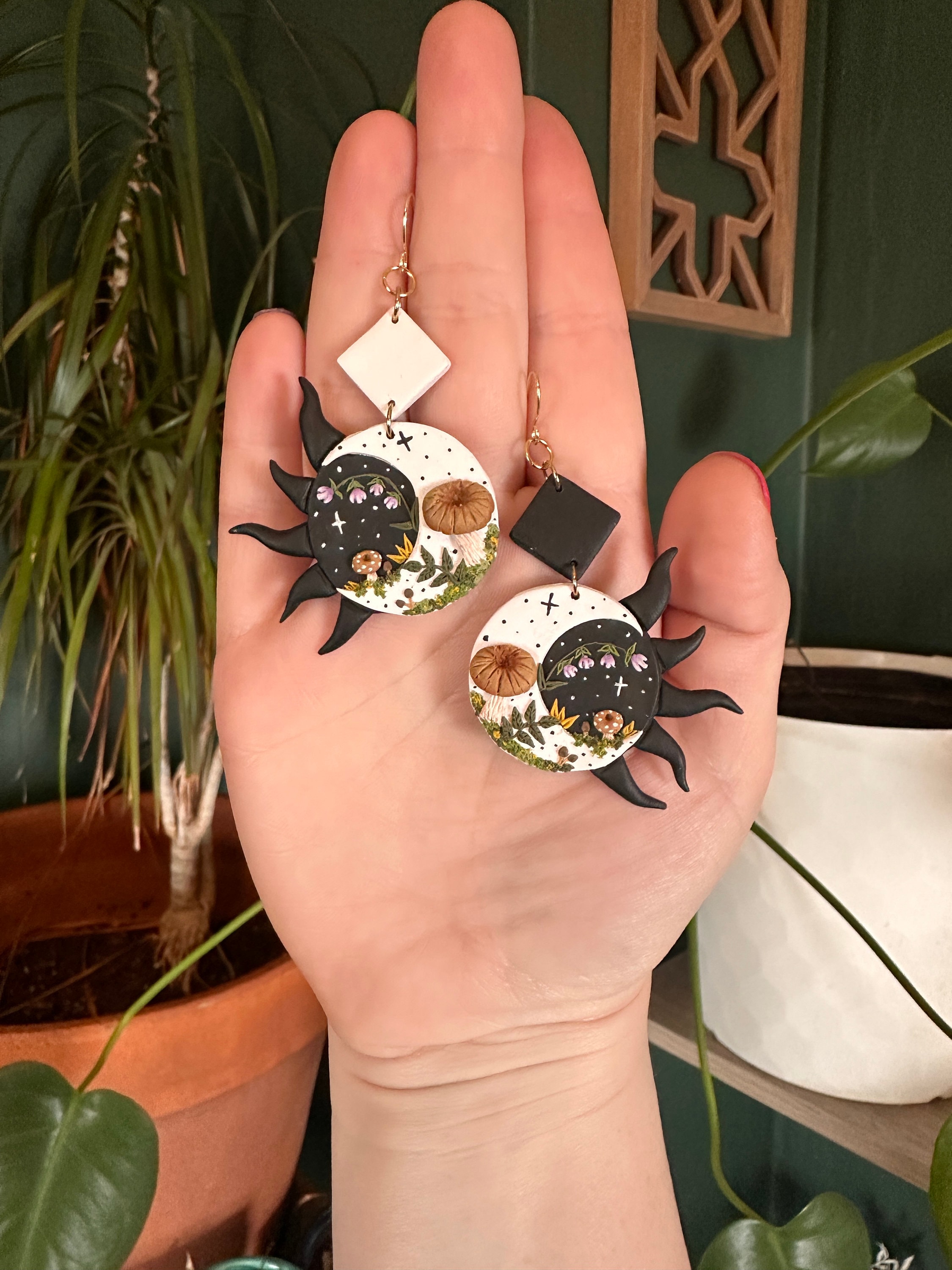 Handmade Polymer Clay Earrings | Sun and Moon Gardens | Mushroom Jewelry | Nickel Free