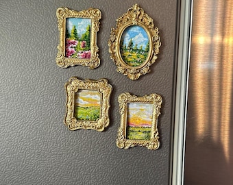 Handmade Mini Gold Framed Vintage Style Painting Magnet Set  | Gallery Wall Art Mini | Fridge Gallery Set of Magnets | Ornate Framed Decor