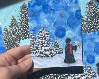 Blank Christmas Card with envelope: Landscape Painting, Harry and Owl Painting
