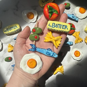 Handmade Clay Food Magnets: Tomato, Sardine & Pasta - Eclectic Decor Set