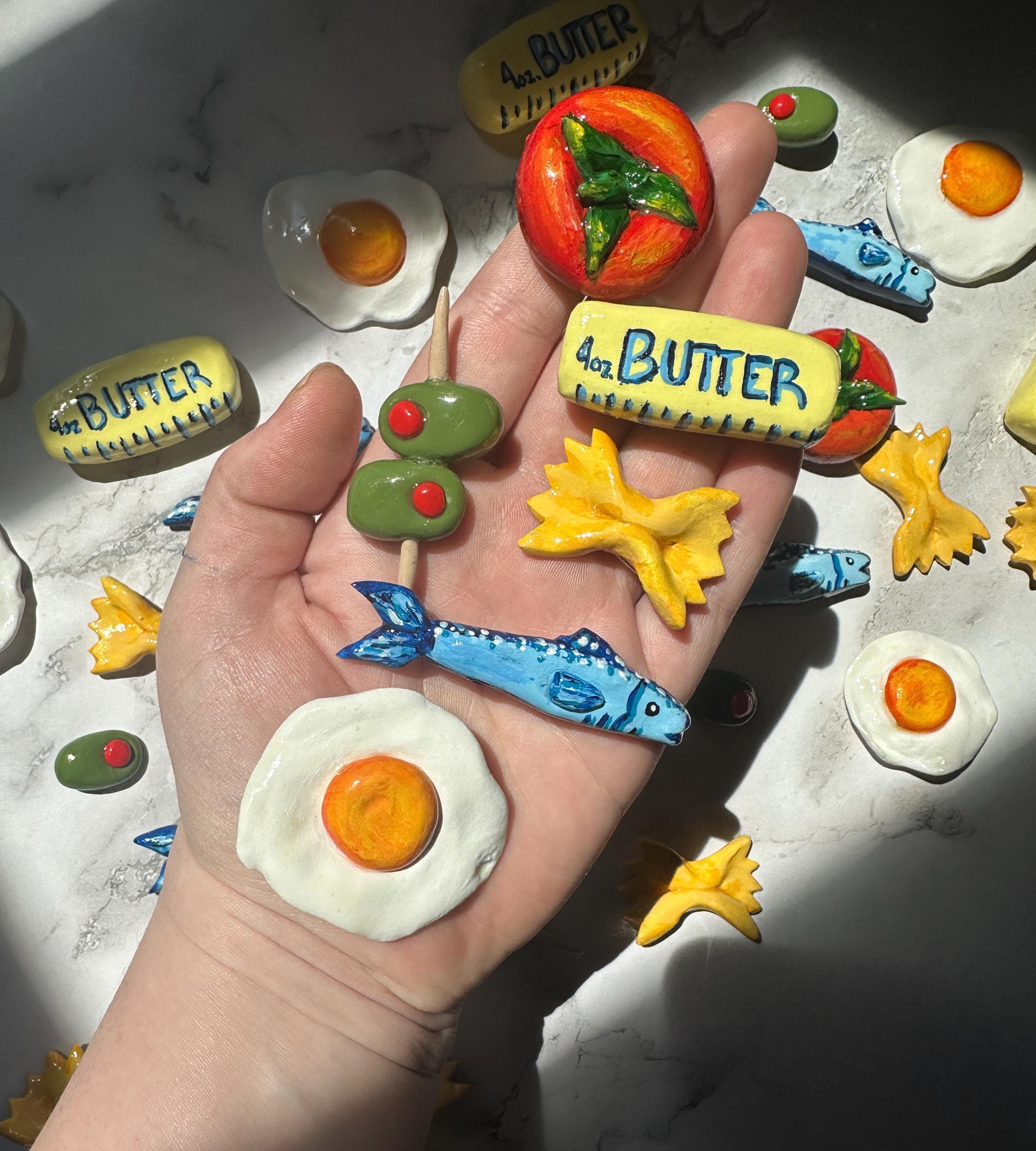 Tomato Sardine and Pasta Refridgerator Magnet Set | Eclectic Gallery Set | Handmade Clay Food magnets | Dopamine Decor, Clay Magnet Set