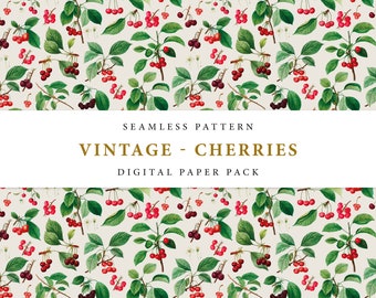 Vintage Cherry Botanical Seamless Pattern - Digital Paper Pack - Papier peint / Tissu / Spoonflower