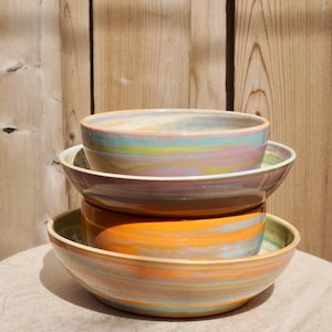 Handmade Ceramic Bowls Set of Four - Microwave Dishwasher Safe - Swirly Colorful Psychedelic