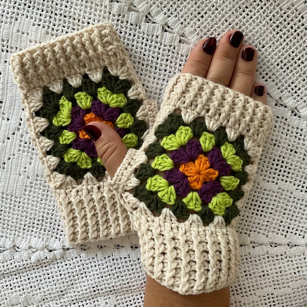 Handgehaakte vingerloze handschoenen, boho handschoenen, winterhandschoenen, warme vingerloze handschoenen