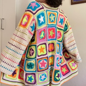 Crochet Long Sleeve Cardigan, Star Grannysquare Cardigan, Crochet Star Jacket, Oversized Cardigan, Mothersday Gift, Gift for Mom, Coat