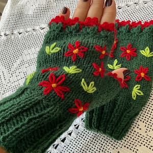 Fingerless Gloves with Embroidered Flowers, Green Arm Warmers, Big Size Glove, Christmas Gift, Gift for Mom, Wool Mittens, Handmade Gifts