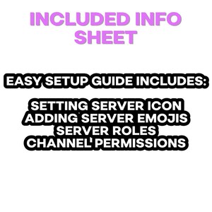 K&ouml;nnte beinhalten: Eine schwarz-wei&szlig;e Textgrafik mit dem Titel "INCLUDED INFO SHEET" und dem Text "EASY SETUP GUIDE INCLUDES: SETTING SERVER ICON ADDING SERVER EMOJIS SERVER ROLES CHANNEL PERMISSIONS".