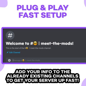 K&ouml;nnte beinhalten: Ein Screenshot einer Discord-Server-Willkommensnachricht. Die Nachricht lautet "Willkommen auf # meet-the-mods! Dies ist der Beginn des # meet-the-mods-Kanals." Die Nachricht befindet sich in einem dunkelgrauen Kasten mit violetter Umrandung. Der Text "PLUG & PLAY FAST SETUP" befindet sich in einem violetten Kasten oben im Bild. Der Text "ADD YOUR INFO TO THE ALREADY EXISTING CHANNELS TO GET YOUR SERVER UP FAST!" befindet sich in einem violetten Kasten unten im Bild.