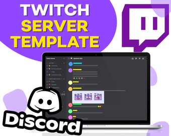 May include: A laptop screen displaying a Discord server template for Twitch streamers. The server has channels for general chat, announcements, and suggestions. The Discord logo is in the bottom left corner, and the Twitch logo is in the top right corner.