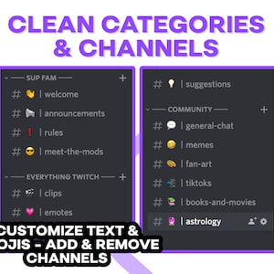 K&ouml;nnte beinhalten: Ein Screenshot eines Discord-Servers mit einer Liste von Kategorien und Kan&auml;len. Die Kategorien sind "Sup Fam", "Community" und "Everything Twitch". Die Kan&auml;le sind "Willkommen", "Ank&uuml;ndigungen", "Regeln", "Treffen Sie die Mods", "Allgemeiner Chat", "Memes", "Fan-Art", "Tiktoks", "B&uuml;cher und Filme" und "Astrologie".