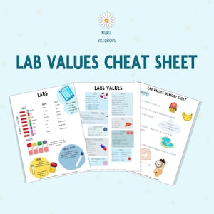 May include: A colorful cheat sheet for nurses with lab values and memory tricks. The sheet includes a table of lab values, a diagram of blood tubes, and a memory sheet with illustrations of bananas and a swimming pool.