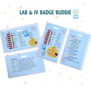 May include: Three blue and white laminated cards with a nurse-themed design. The cards are labeled "Tubes", "IV Catheters", and "Urine". Each card features a color-coded chart with different types of tubes and catheters used in healthcare.